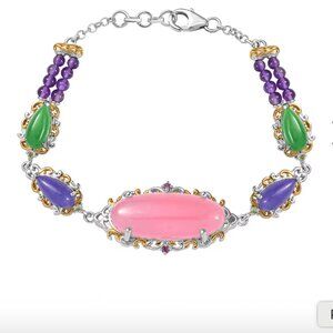 Pink Jade Bracelet 18k Vermeil Yellow Gold over Sterling Silver 7.25 inches